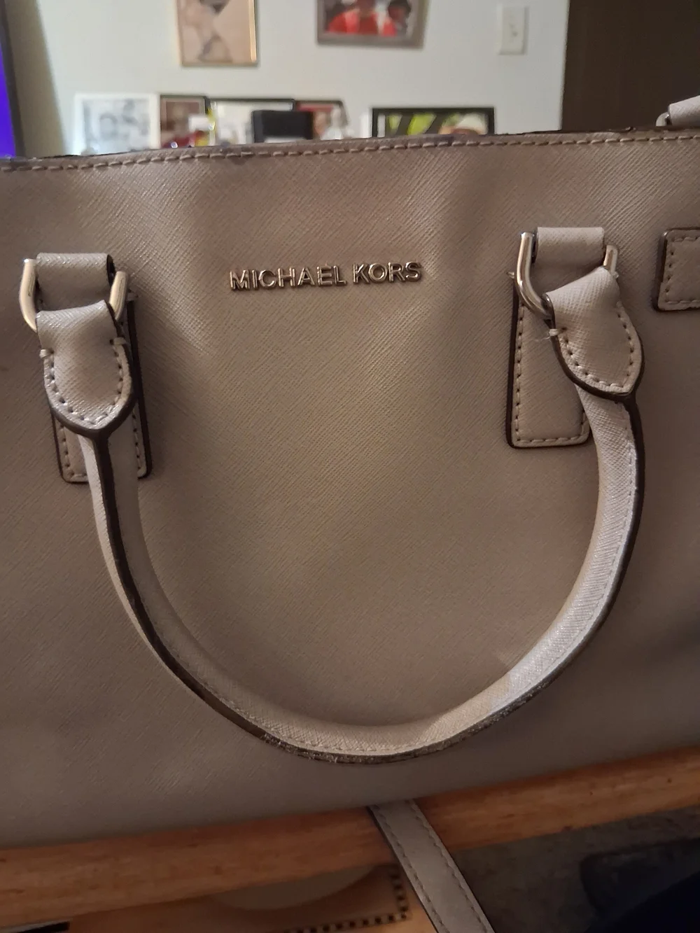 Michael Kors Beige Saffiano Leather Satchel with Gold Logo